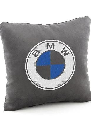 Подушка декоративна в машину з логотипом bmw флок сірий