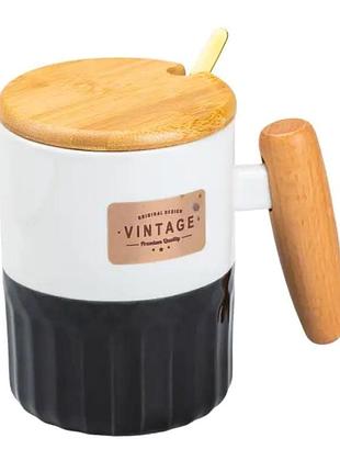 Чашка фарфоровая с бамбуковой крышкой и ручкой 400 мл черная hp7204b