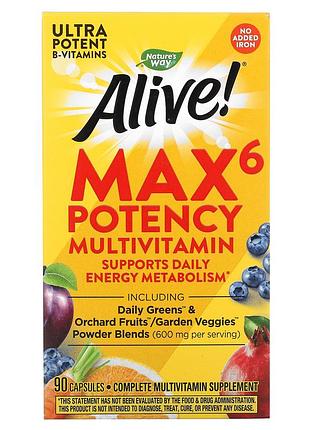 Nature's way, alive! max6 potency, мультивітаміни підвищеної ефективності, без додавання заліза, 90 капсул
