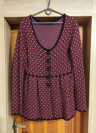 Германия, шикарный, теплый женский приталенный кардиган в красном черном принте.