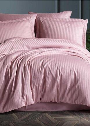 Постельное белье pink pudra elite сатин страйп meriset - семейное на резинке полуторний на резинці