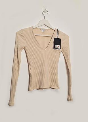 Новий з етикеткою світло бежевий джемпер у рубчик турція лонгслів із вирізом котон