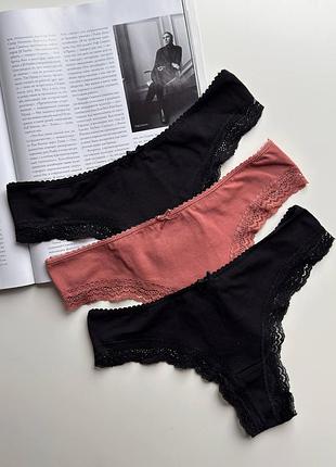1257 комплект набор женских хлопковых стринг с кружевом