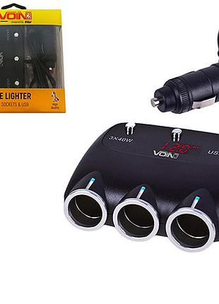 Розгалужувач (подовжувач) прикурювача voin 3 виходи + 2usb 2400 ma 12/24v sc-3003 дріт+вольтметр