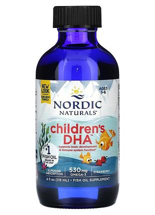 Жидкий рыбий жир для детей от 1 до 6 лет, children's dha, nordic naturals, клубника, 530 мг, 119 мл