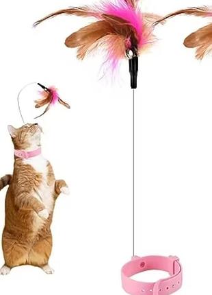 Игрушка с ошейником для котиков перья з колокольчиком 30 см розовый