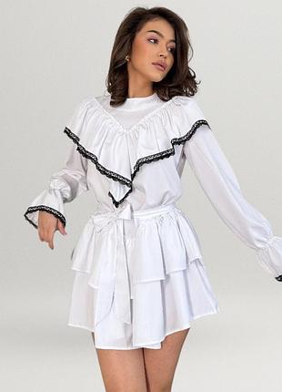 Платье женское мини расклешенное с пышной юбкой солнце с рюшами и оборками праздничное стильное платье туника бейби долл