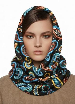 Хомут шарф яркий принт большой палантин как кашемир капор капюшон шапка огірки коричневий синій червоний трикотаж подвійнй