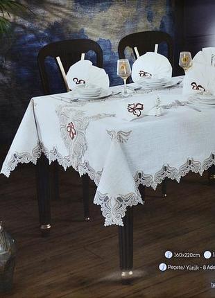 Льняную скатерть на стол 160х350 натуральная и салфетки на 12 персон, скатерть красивая с ранером бежевый