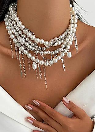 Колье ожерелье чокер многослойный жемчужинки (имитация)