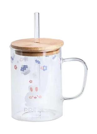 Чашка стеклянная с деревянной крышкой и трубочкой hp7214b