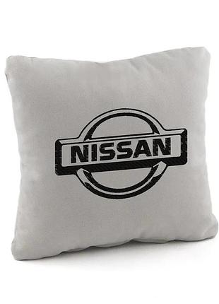 Подушка з логотипом авто з вишивкою nissan, автомобільна подушка флок різні кольори світло-сірий