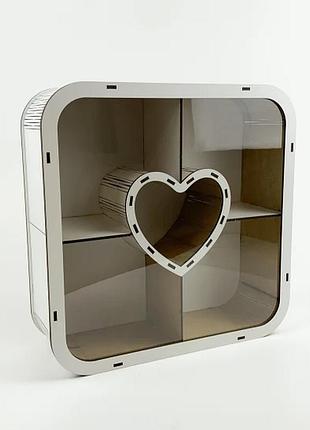 Подарочная коробка квадратная белая с прозрачной крышкой маленькая с перегородками "сердце"