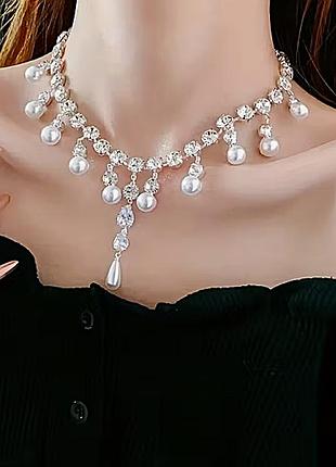 Кольє з великими камінцями та намистинами (імітація перлів)
