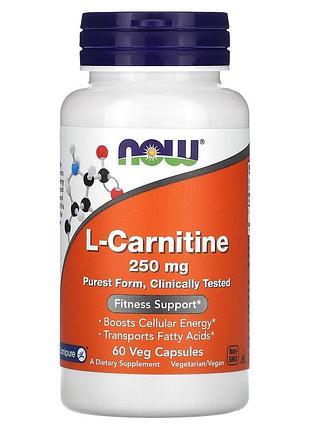 L-карнитин, l-carnitine, now foods, 250 мг, 60 вегетарианских капсул