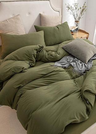 Постельное белье темный хаки ранфорс meriset - семейный на резинке полуторний на резинці
