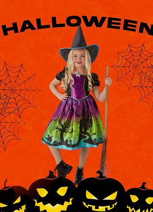 Детское платье с шляпкой ведьма на хэллоуин м 7-10 лет фиолетово-зеленое
