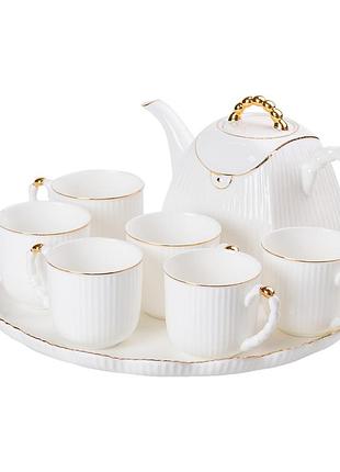 Чайний набір на 6 персон, із заварювальним чайником і підставкою, білий.