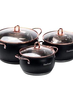 Набір каструль із нержавіючої сталі 2,6 л - 3,6 л - 6,1 л зі скляними кришками hp33525b