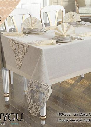 Льняная скатерть с ранером selin selin duygu set 160×350+12 салфеток бежевая
