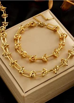 Комплект украшений женский колье цепочка и браслет золотой новый