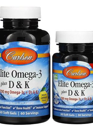 Carlson labs, elite omega-3 с витаминами d и k, натуральный лимонный вкус, 60 (+ 30 бонусных) мягких капсул