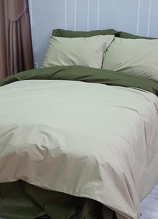 Постельное белье дуэт светлая оливка/темный хаки ранфорс meriset - семейный на резинке сімейний