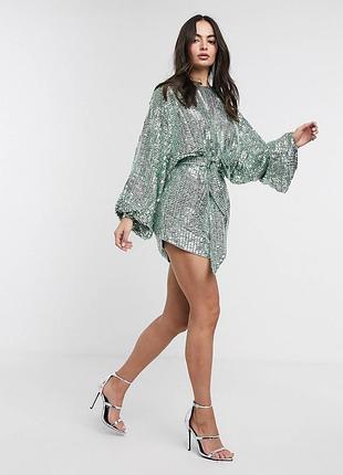 Салатова блискуча сукня міні з об’ємними рукавами та поясом (uk 12)