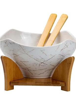 Салатница га бамбуковой пподставке с вилкой и ложкой 22*22*14 см белый hp1228