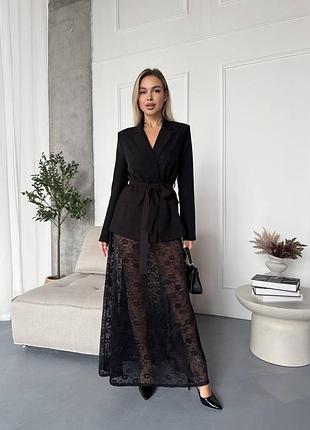 Костюм двійка жіночий чорний піджак з поясом і гіпюрова спідниця максі s-m l-xl