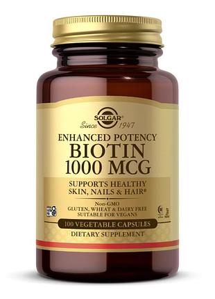 Biotin solgar, биотин повышенной эффективности, 1000 мкг, 100 растительных капсул