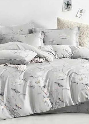 Комплект постільної білизни двоспальний koloco 100% бавовна (39951) білі квіти на сірому