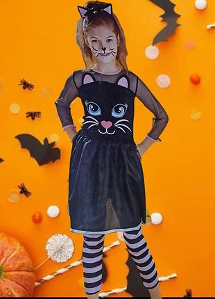 Детское платье с обручем и лосинами котик на хеллоуин м 7-10 лет черный