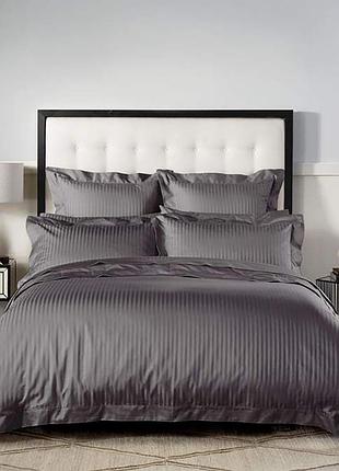 Постельное белье dark grey elite сатин страйп meriset - семейный на резинке двоспальний на резинці