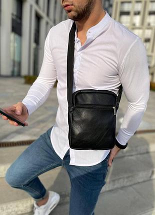 Барсетка, сумка на плечо кожаная (натуральная кожа) черная