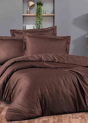 Постельное белье шоколадно-коричневое сатин страйп meriset - семейный на резинке полуторный