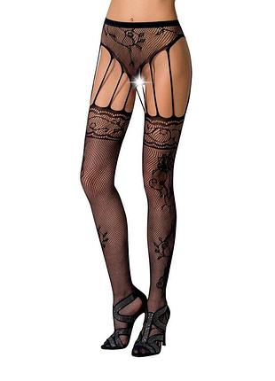 Еротичні колготки-бодістокінг passion s016 black, імітація ажурних з доступом трусиків та панчох