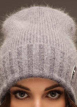 Вязаная теплая шапка колпак цвет светлый джинс ангора- шерсть,