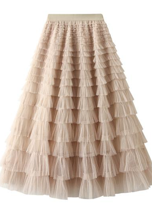 Нюдовая, бежевая юбка миди, макси рюшами из фатина на резинке