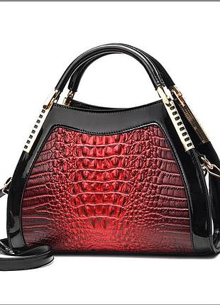 Сучасна жіноча червона сумка через плече з лакової екошкіри під рептилію, модна трендова жіноча сумка