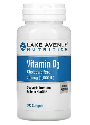 Lake avenue nutrition, витамин d3, 25 мкг (1000 ме), 360 капсул