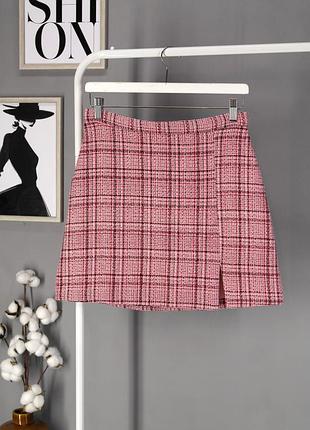 Твидовая розовая юбка мини "george" в клетку, uk10.