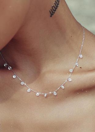 Чокер срібний з бусинками, що переливаються, короткий ланцюжок зі срібла 925 проби, довжина 40+5 см