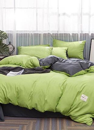 Постельное белье дуэт фисташка/антрацит ранфорс meriset - семейный на резинке евро