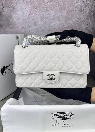 Сумка chanel milk silver texture, белая, кожаная женская сумочка / классические сумки шанель