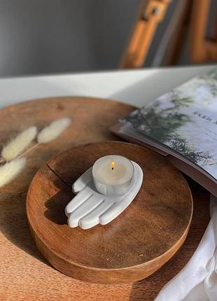 Гипсовый подсвечник мини ладонь, подставка для чайной свечи голубой