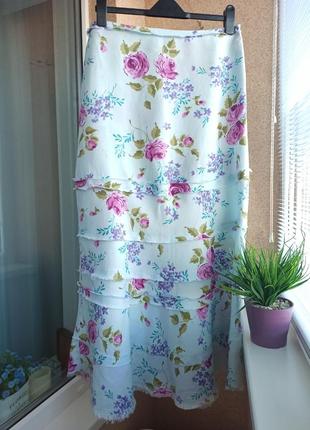 Красива стильна довга літня спідниця з вмістом льону в квітковий принт