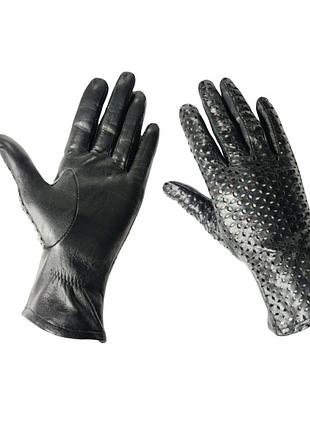 Кожаные женские черные перчатки без подкладки /перфорация/сенсорные/ 7.5