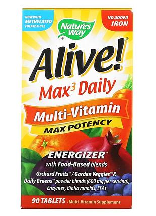 Nature's way, alive! max3 daily, мультивитаминный комплекс, без добавления железа, 90 таблеток
