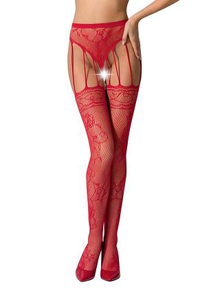 Еротичні колготки-бодістокінг passion s016 red, імітація ажурних з доступом трусиків та панчох
